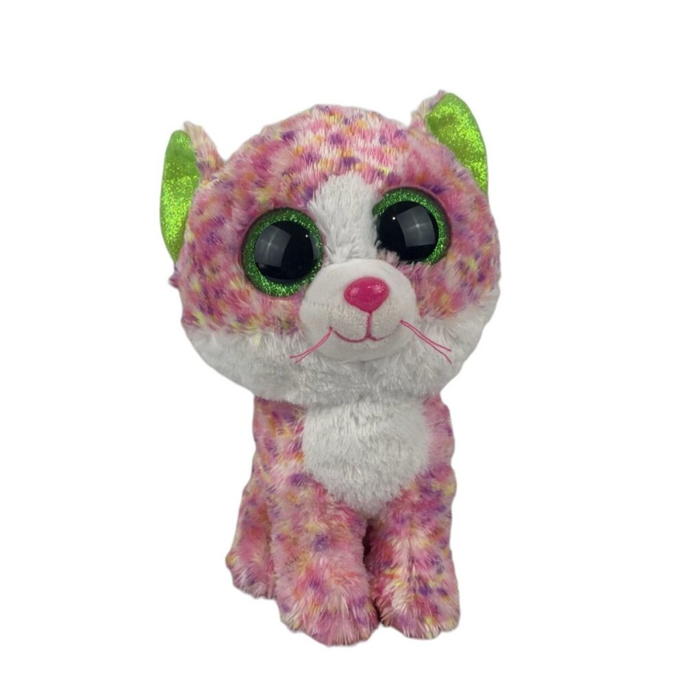 Ty Tysilk Sophie‎ Pink Kitty Cat 9" Plush Stuffed Animal Big Green Eyes Sparkle